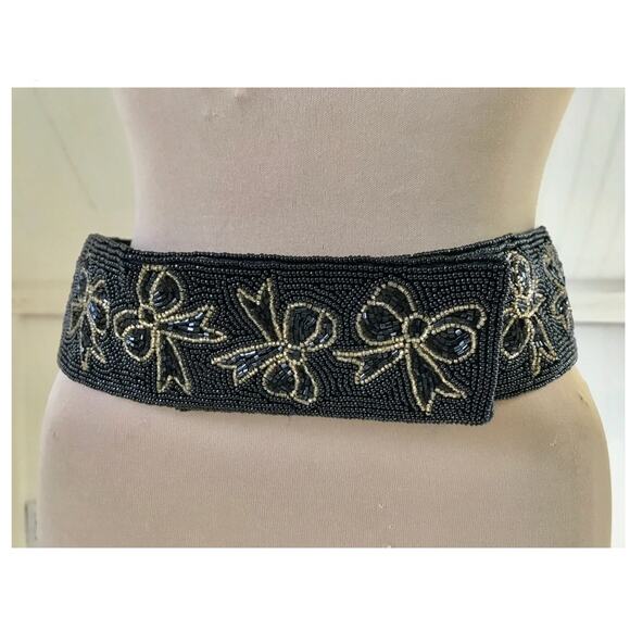 NEW Vintage Talbots Beaded Bow Dress Belt 80s Deadstock Black Twee S Whimsy  Emo